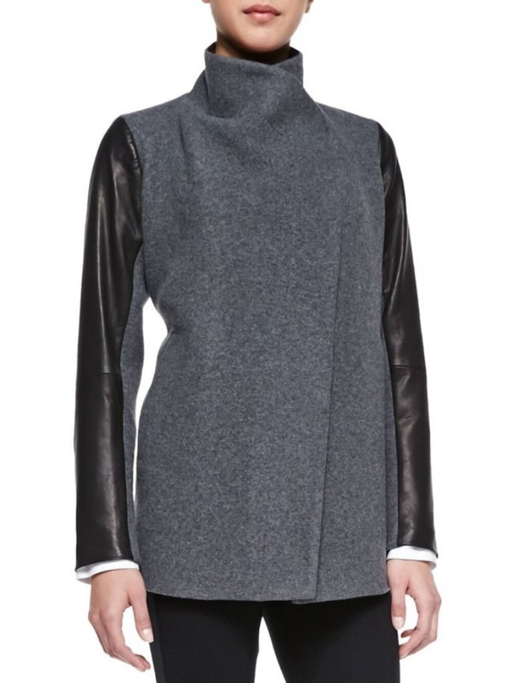 Theory Naomi Wool Blend Leather Sleeve Asymmetric Felt Coat Jacket , Size S